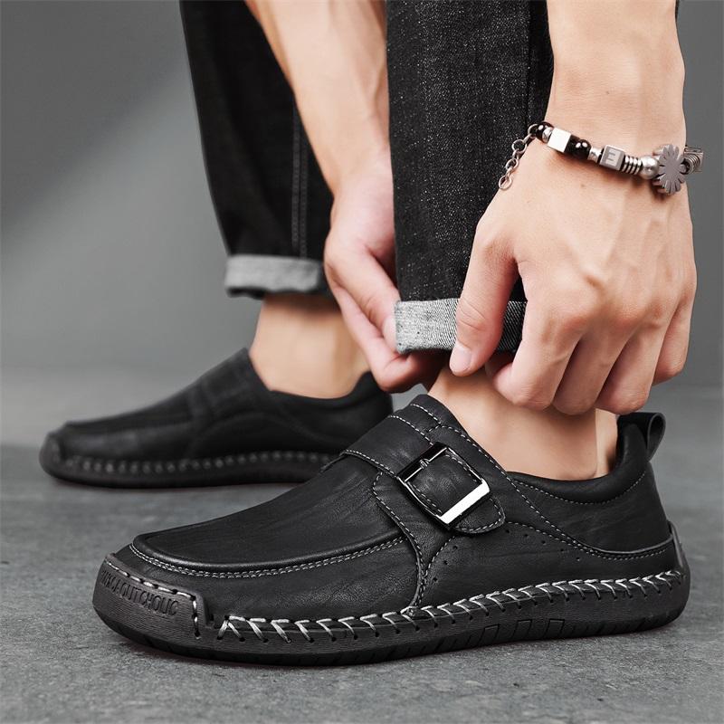 Fashion High Quality Handmade Stitched Business Men Leather Shoes Fashion Comfortable Loafers Flat Bottomed Outdoor Walking Sports Shoes