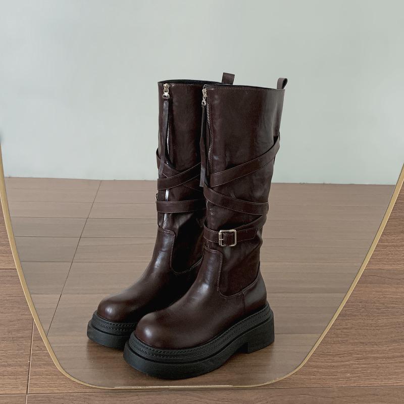 

Winter Vintage Platform Thick Sole Woman Knee High Boots Fashion Belt Buckle Front zipper Shoes Ladies Slim Knight Long Botas 35