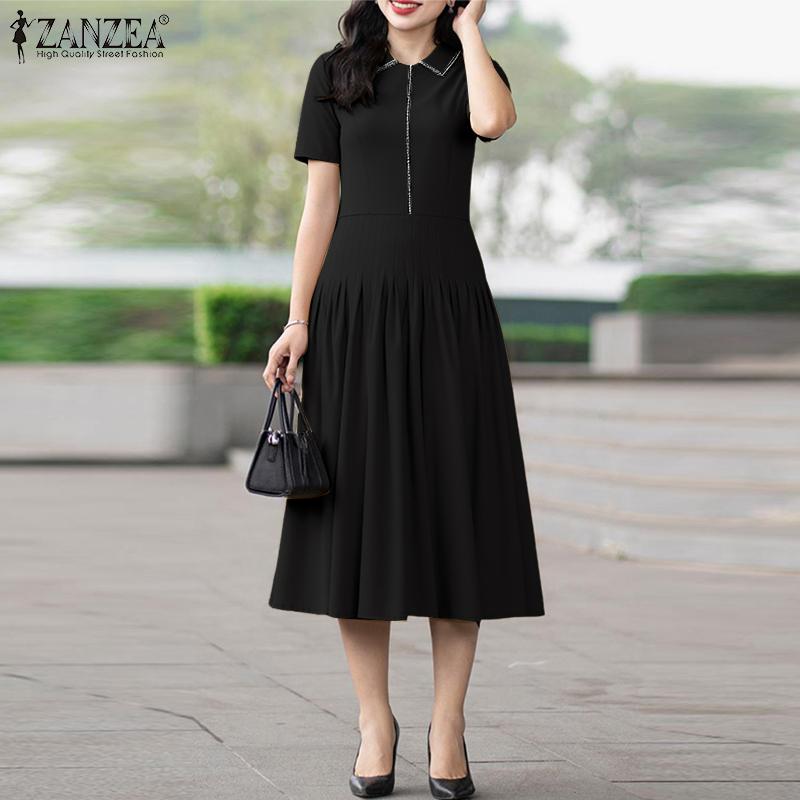 ZANZEA Women Elegant Doll Collar Casual Short Sleeve Dress
