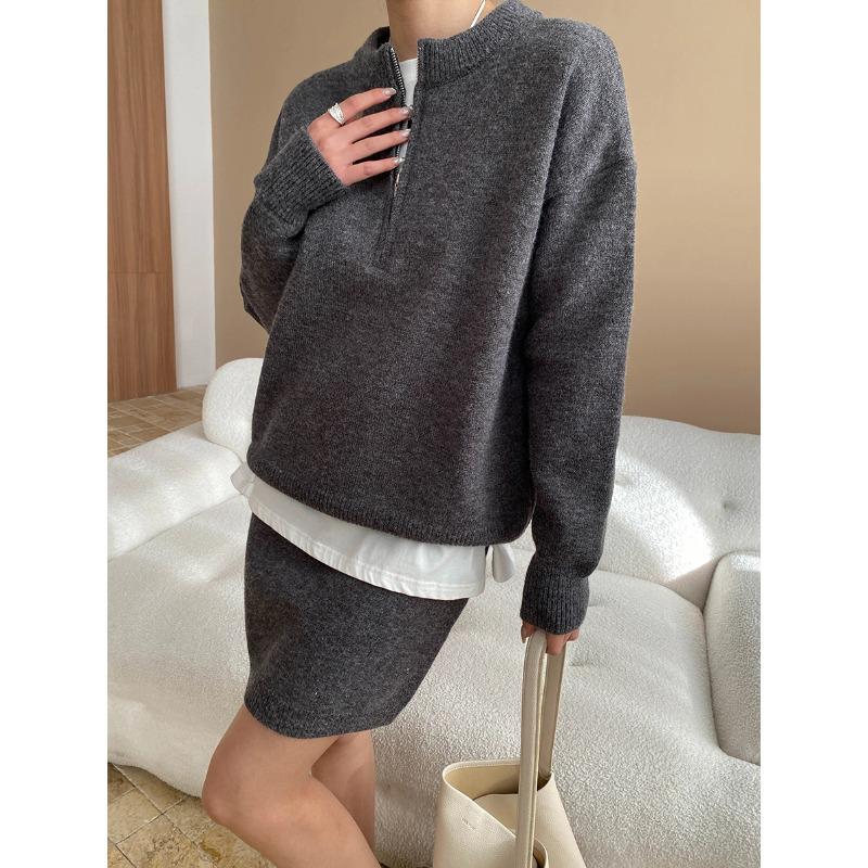 

Синан Ранняя весна Модный блогерский комплект из свитера и юбки на молнии SN7190 One Size темно-серого