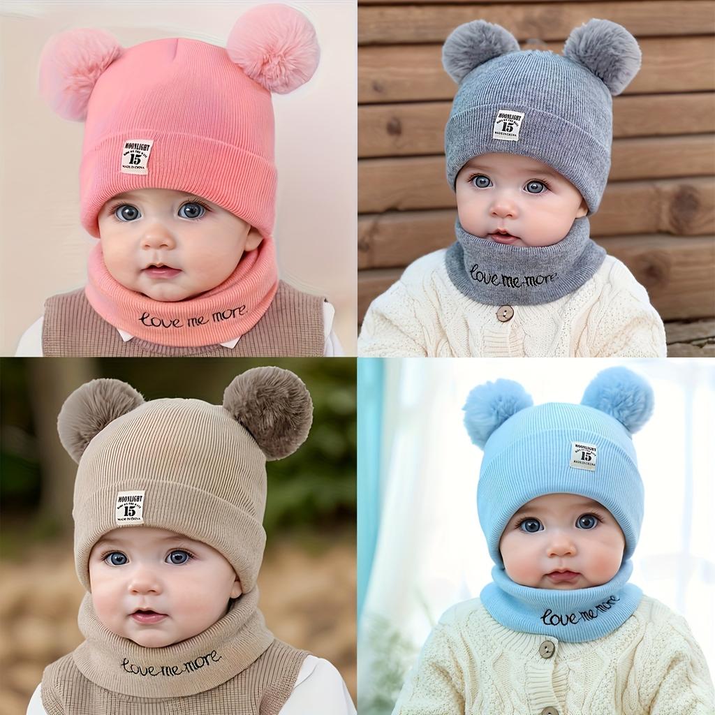 2pcs Winter Baby Hat Scarf Set Toddler Girl Boy Cap Knitted Beanie Fur Ball Cartoon Bear Snow Outfit Infant Accessories