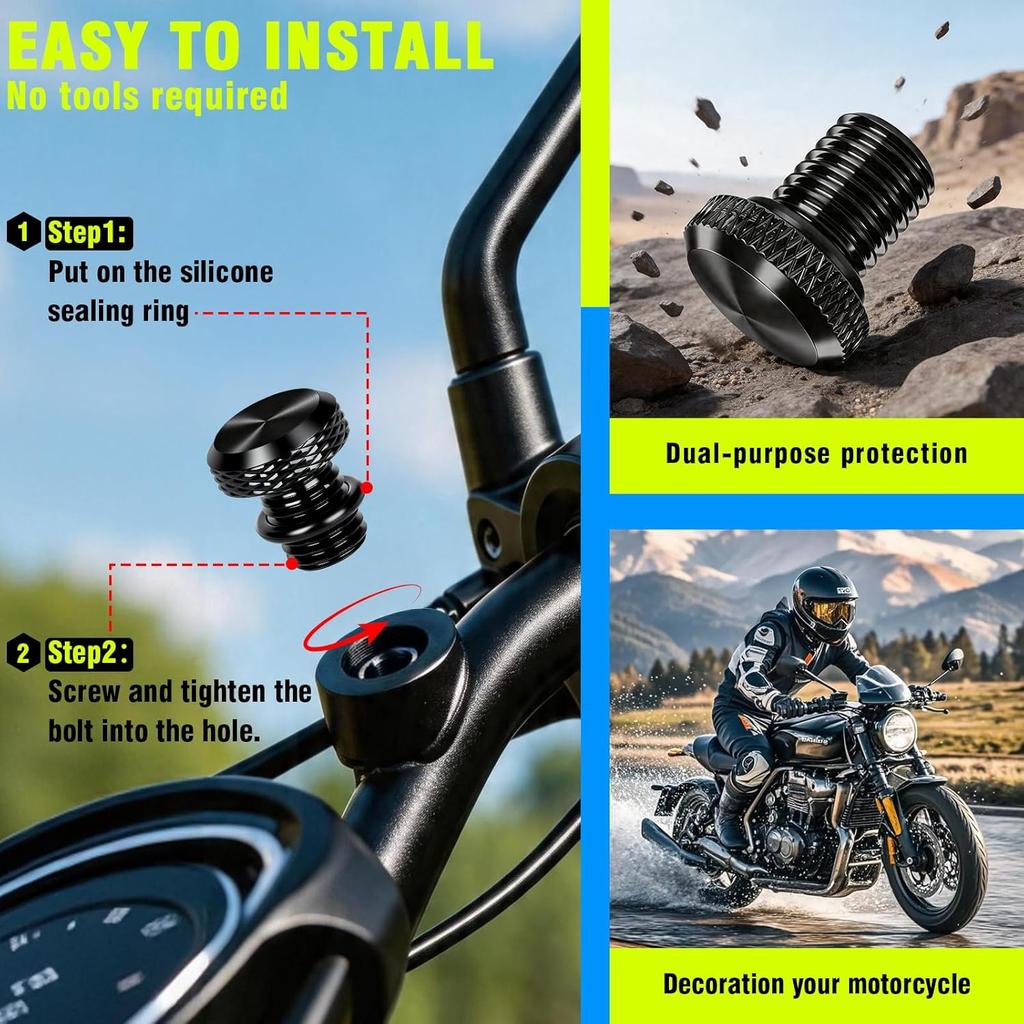 4 PCS Motorcycle Mirror Hole Plug M10 X 1.25 Universal Motorcycle Rear View Mirror Screws Suitable for Most Motorcycle (Black, 2 Clockwise + 2