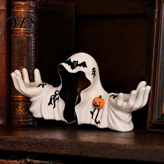 Halloween Ghost Figurine White Robe Figurine, Spooky Wizard Decorative Resin Statue, Gothic Sculpture Candle Holder, for Home Bedroom