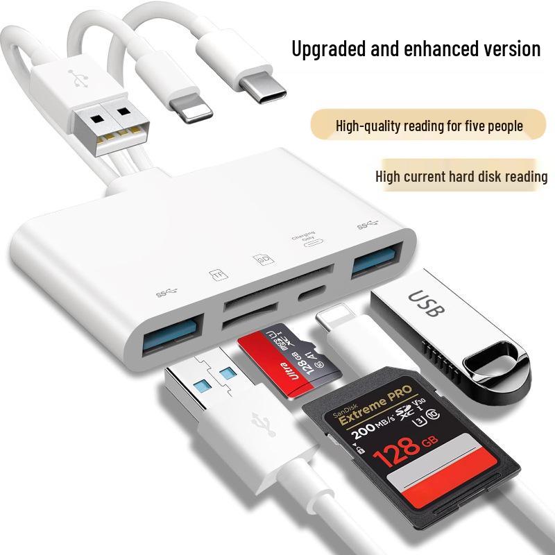 Universal 3-Wire 5-Port Card Reader for Phones & Computers, 9-in-1 TF/SD Camera OTG Adapter with Charging.
