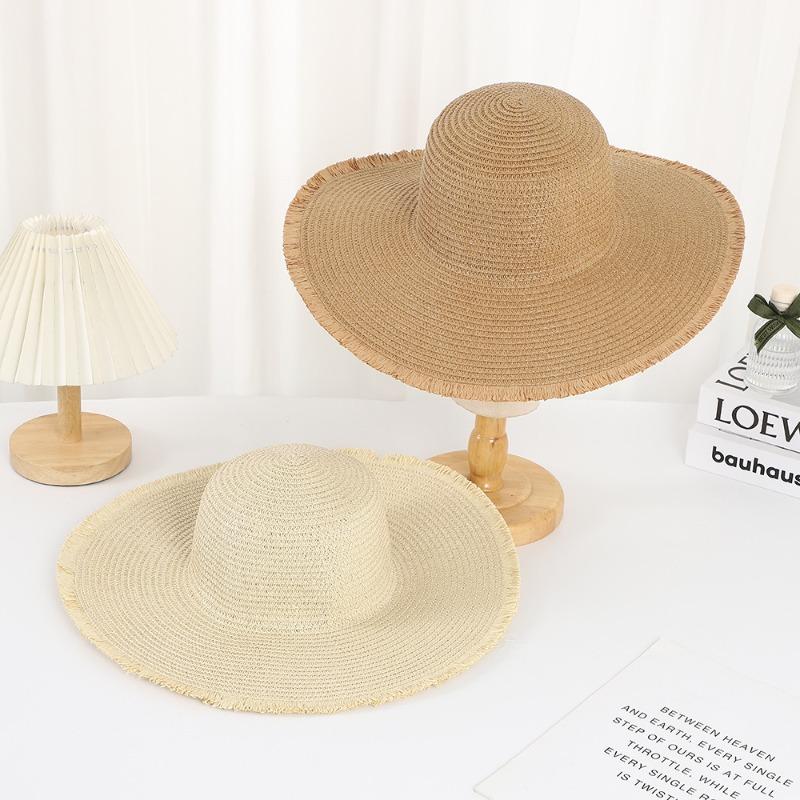 New burr straw hat summer flat top travel vacation travel sun protection hat bow shade beach straw hat
