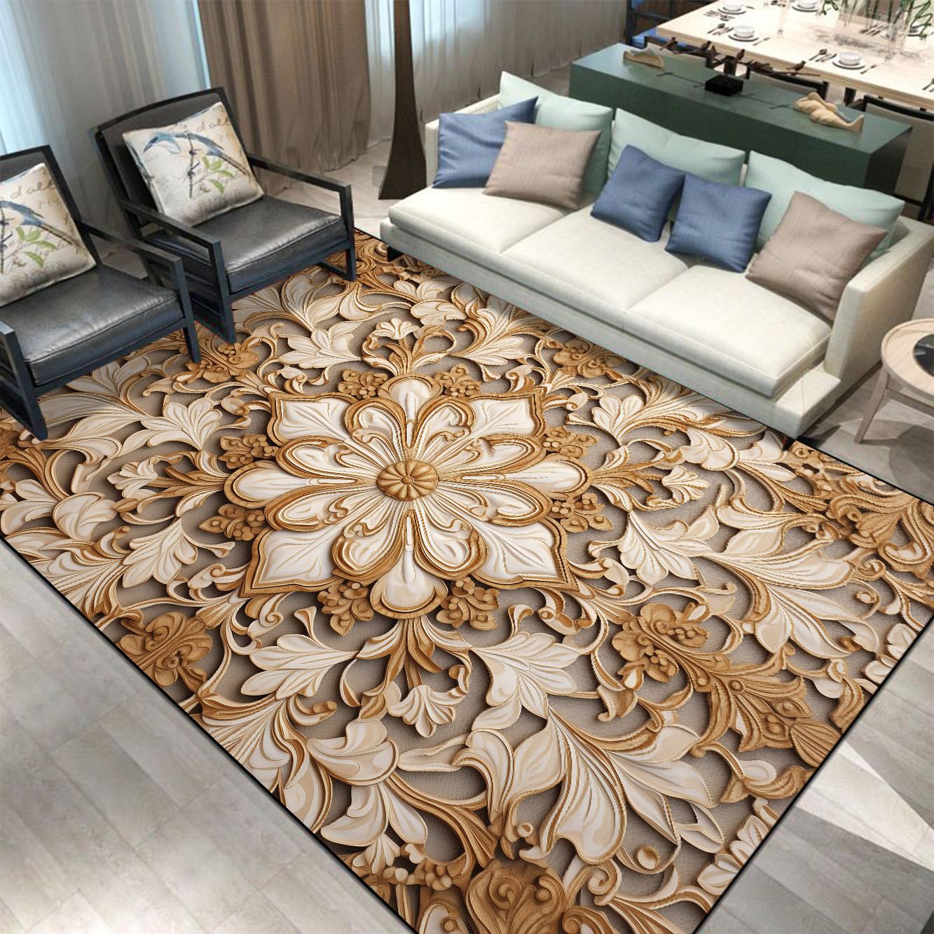 Alfombra Decorativa de Lujo Estilo Europeo para Sala de Estar Flor Dorada Alfombra para Salón Mesas de Centro Antideslizante Lavable Alfombra Grande para Dormitorio 60x90cm door mat