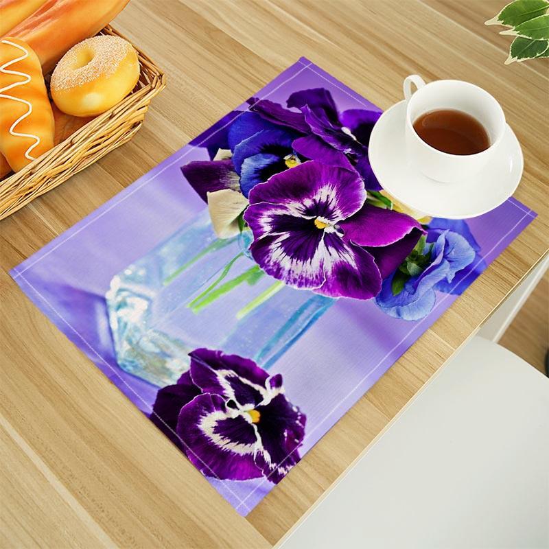 

Purple Pansy Print Linen Dining Table Mats Alphabet Kitchen Placemat 30X45cm Coasters Pads Bowl Cup Mat 2pcs 30x45cm