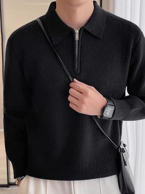 2024 Men's Korean Style Polo Collar Long Sleeve Knit Sweater - Half Zip, Autumn/Winter Fashion, Mature/Casual Style.