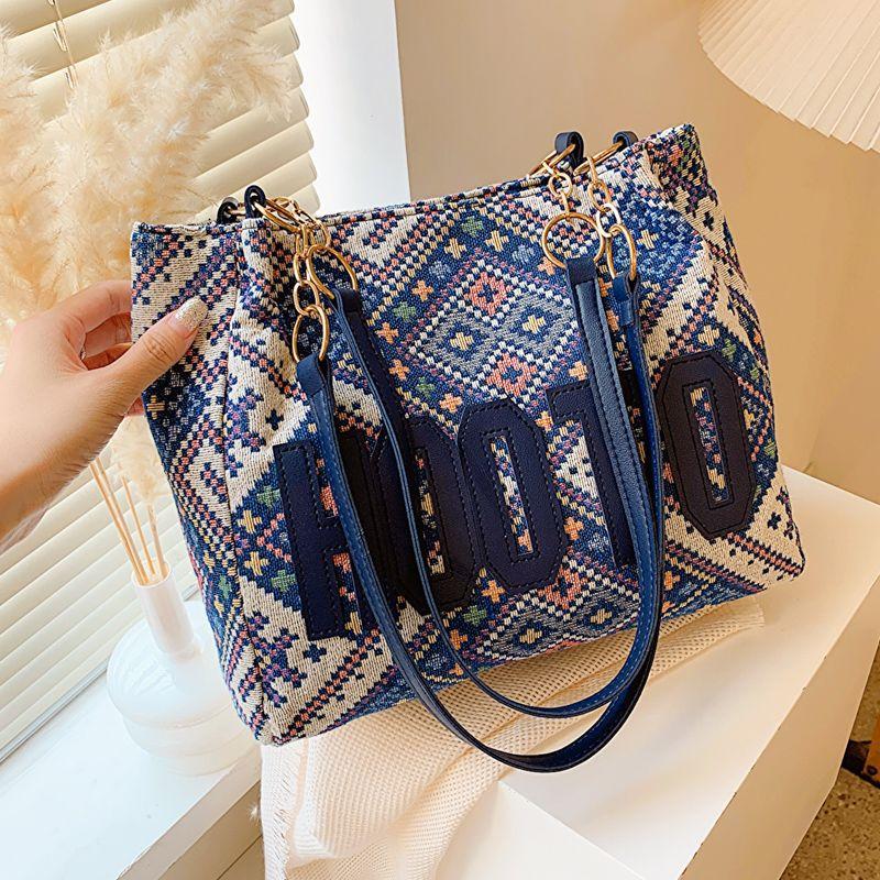 

Ethnic style canvas bag women 2025 new Internet celebrity popular commuter tote bag ins shoulder large capacity handbag синий