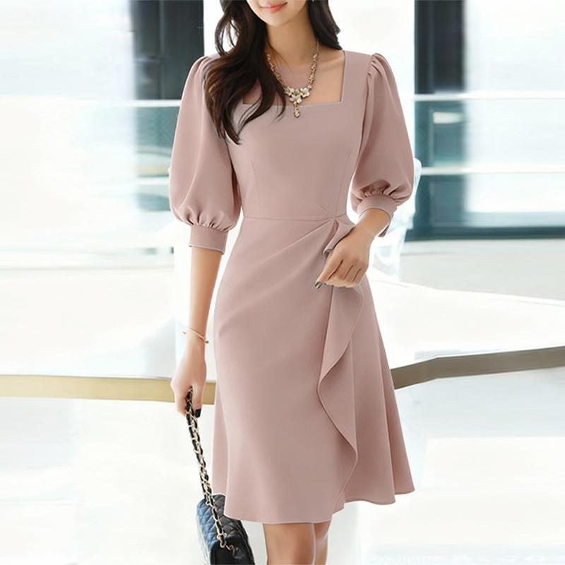 ZANZEA שמלת קיץ קז'ואלית לנשים עם צווארון מרובע ושרוולים קצרים