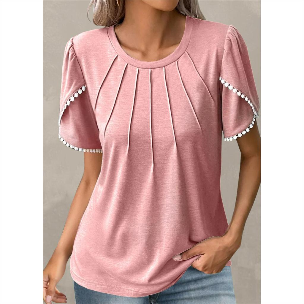 Summer Women's Round Neck Solid Color Pleated Short-sleeved Lace Casual T-shirt Shirt