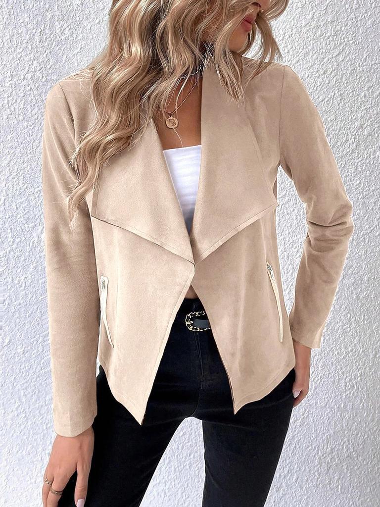 Women's Faux Suede Asymmetrical Lapel Short Jacket with Zip Detail in Brown, Beige, Dark Green & Black