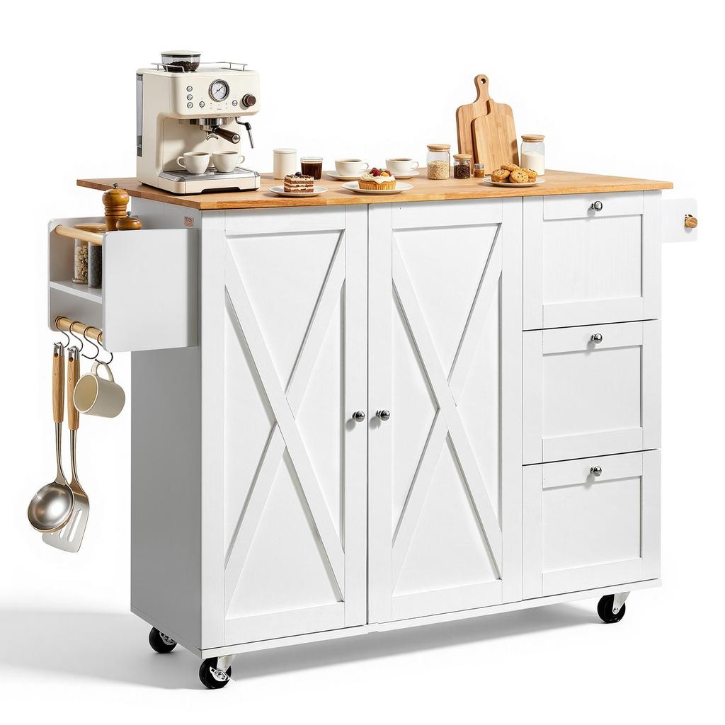 VEVOR Kitchen Island Cart with Solid Wood Top, 115 cm Width Mobile Carts with Storage Cabinet, Rolling Kitchen Table with Spice Rack, Towel Rack