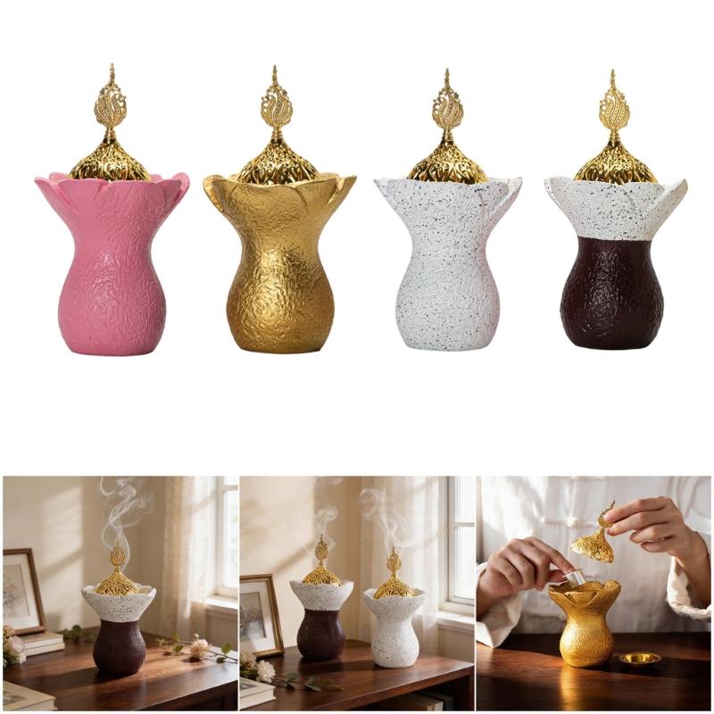 Carved Resin Bakhoors Icense Burners with Cover Middle Eastern Arabic Fragrances Diffuser for Islamic Festival Decoration