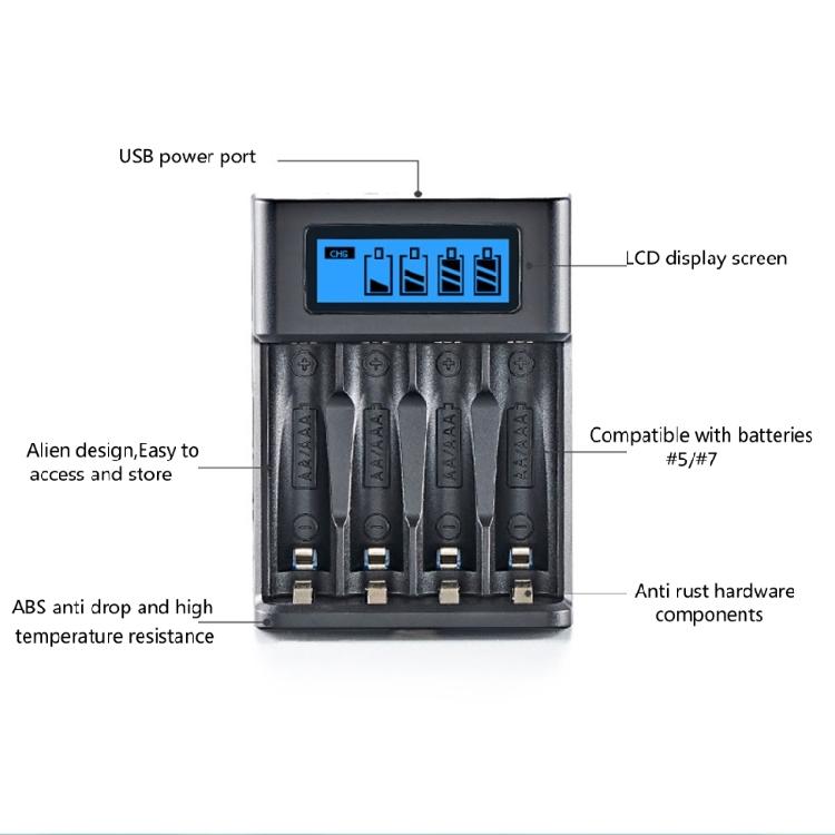 4-Schacht-Akkuladegerät AA LR03 Batterieladegerät für NiMH-Akkus mit LCD-Anzeige Intelligente Akkuladung