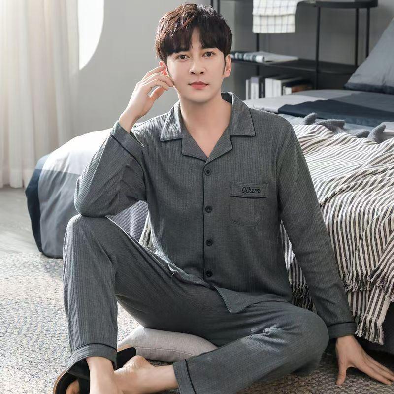 Men's Plus Size Cotton Pajama Set: Long Sleeve & Pants for Spring/Autumn, Versatile Indoor/Outdoor Wear.