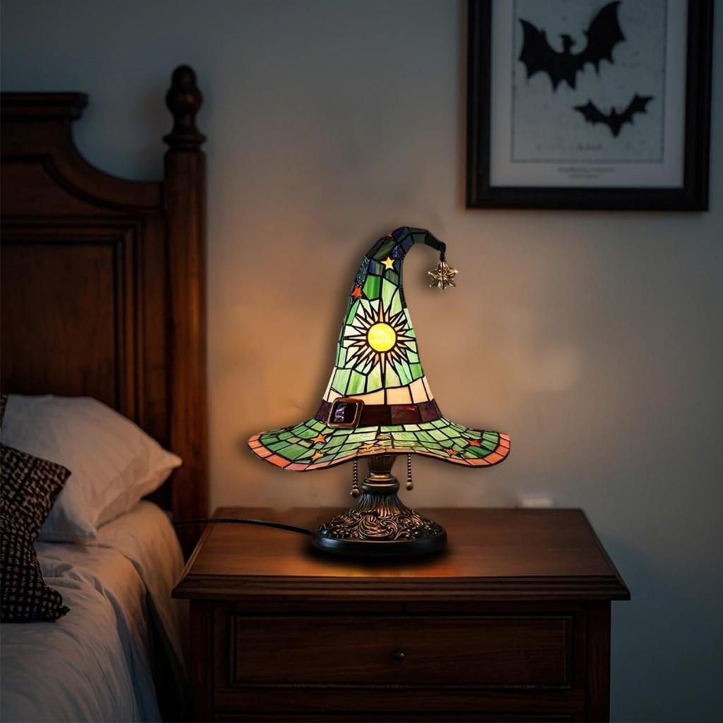 Stained Glass Witch Hat Lamp, Spooky Fun Handmade Hat Shape Lights, Nightstand Night Light With Mystical Charm