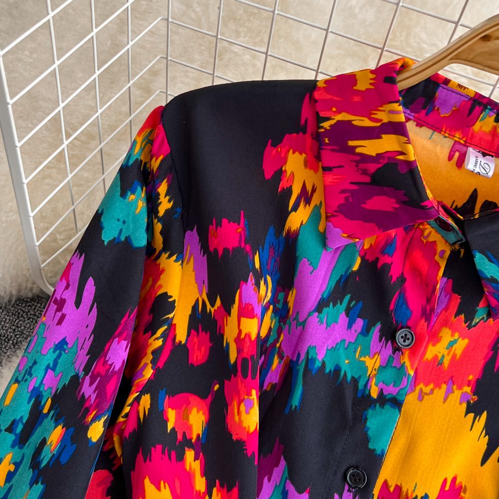 Nowa jesienna moda damska sukienka z kwiatowym nadrukiem skręcić w dół kołnierz z długim rękawem jednorzędowa linia w stylu vintage Midi sukienki imprezowe