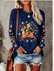 Women Long Sleeve T Shirt Christmas Elf Riding Reindeer Snowflake Ornament Print Crew Neck Casual Fall Tops