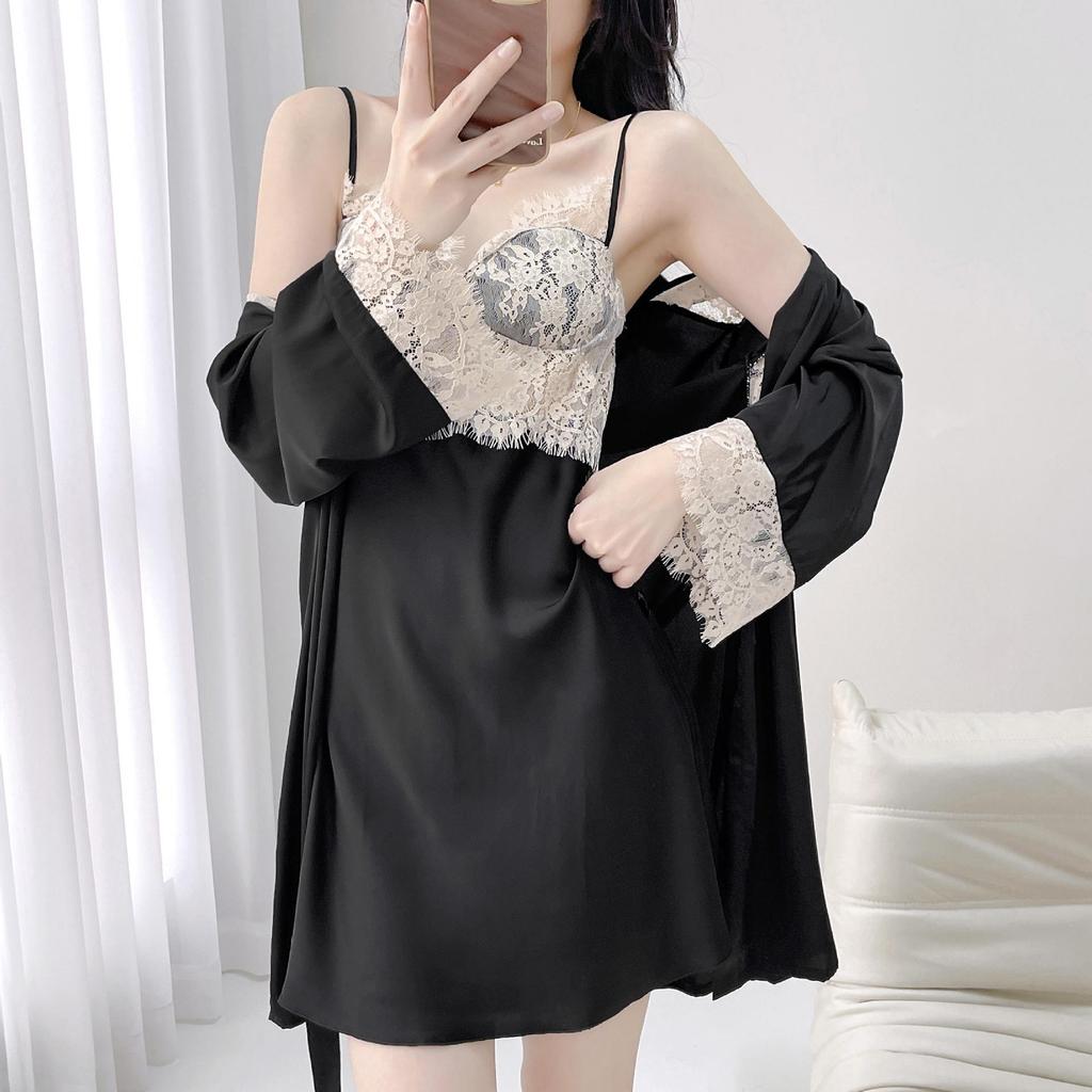 2025 High-End Women's Ice Silk Lace Spaghetti Strap Nightdress & Pajama Set