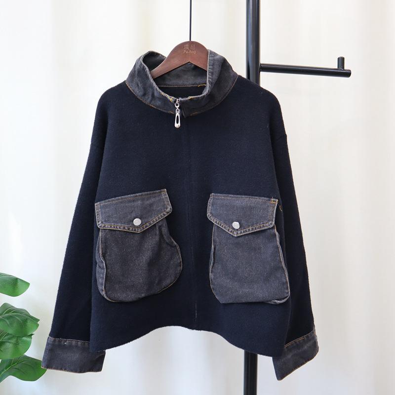 Autumn and winter new zipper splicing denim knitted double-sided woolen cardigan temperament sweater jacket women