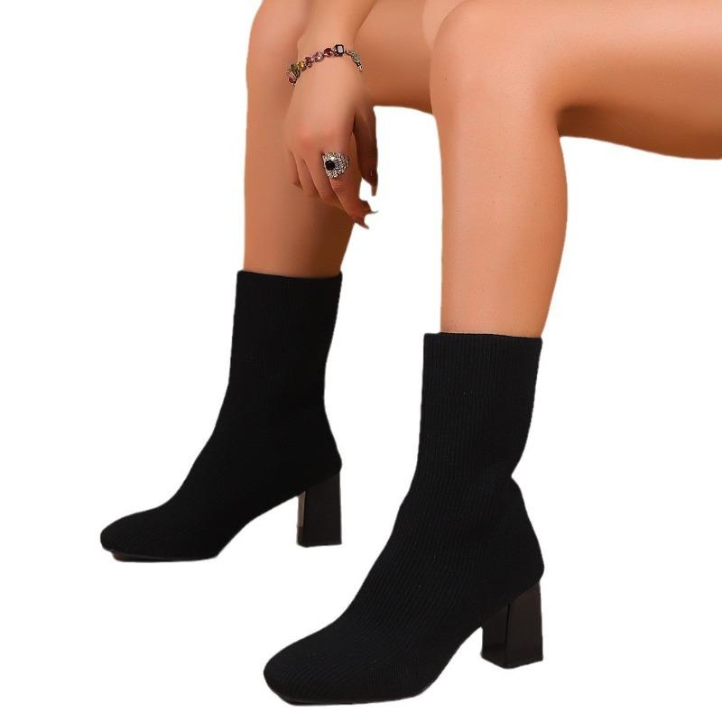 Martin Boots Women's New Women's Boots Winter New Square Head Sleeve Short Boots Women's Flying Woven Thick Heel Medium Heel Thin Boots