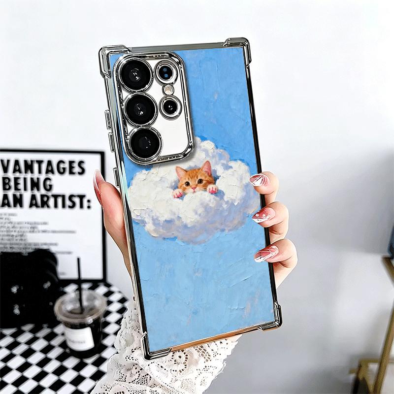 Cat Cute Kitten Cartoon Plating Phone Case For Samsung Galaxy S24 S25 FE S26 Edge S23 Ultra S22 S21 Plus S20 Anti-Fall Airabag C