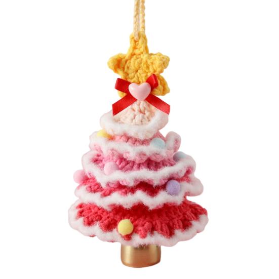 Handmade Mini Knitted Christmas Tree Ornament Multi-Layered Crochet Snow Flocked Tree with Gold Bells