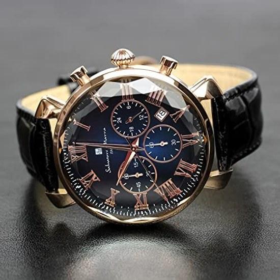 Salvatore Mara Wristwatch Multi-faceted Cut Glass Chronograph Leather Strap Gradient Mens Green Blue Black SM19104-PGBLBK