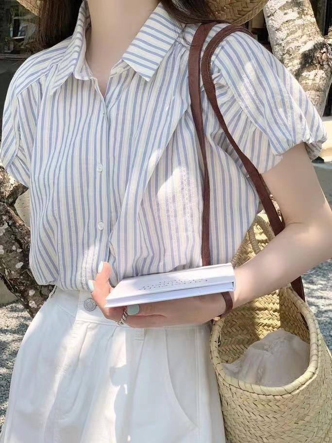 Streetwear Striped Blue Shirt For Women With Short Sleeves And V Neck For Summer Casual Wear