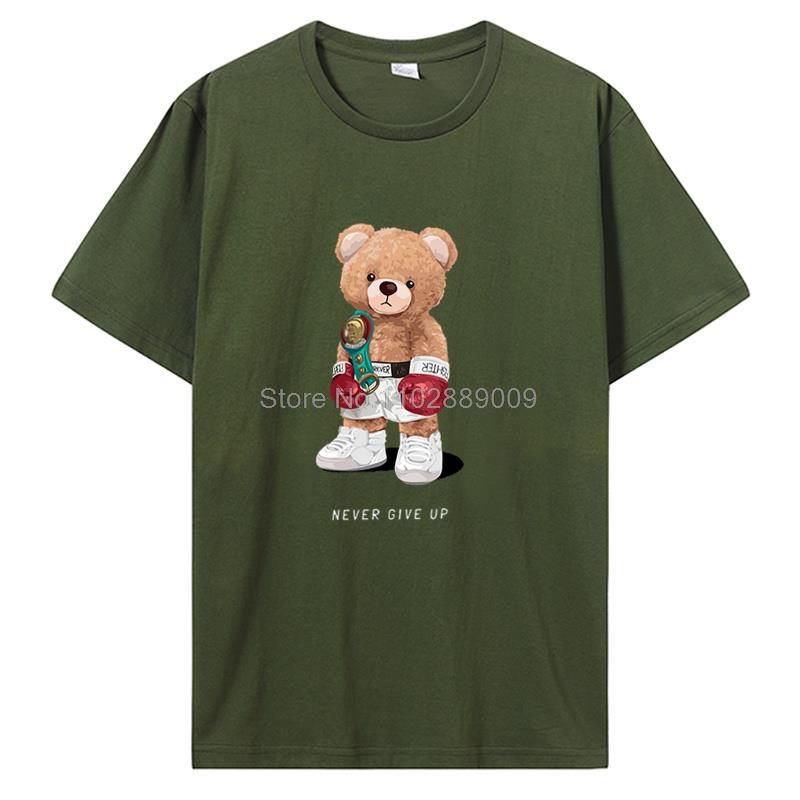 Strong Boxer Teddy Bear Never Give Up Print Men T-shirt Summer Short Sleeve Cotton Basic Tops Tees TShirt Streetwear Clothes