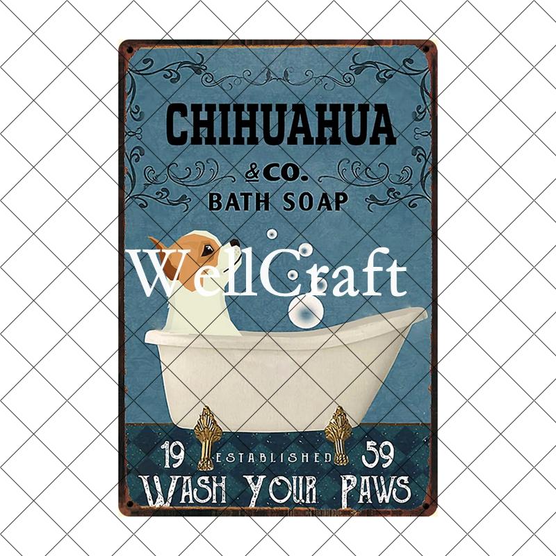 [ Wellcraft ] Chien Chihuahua Animal de Compagnie Sous la Douche Vin Bain Boutique Art Métal Étain Panneau Mur Poster Peinture Fer Pub D-04 20*30 CM