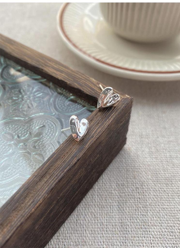S999 Sterling Silver Korean Style Heart Stud Earrings for Women - Simple, Versatile, Textured Design