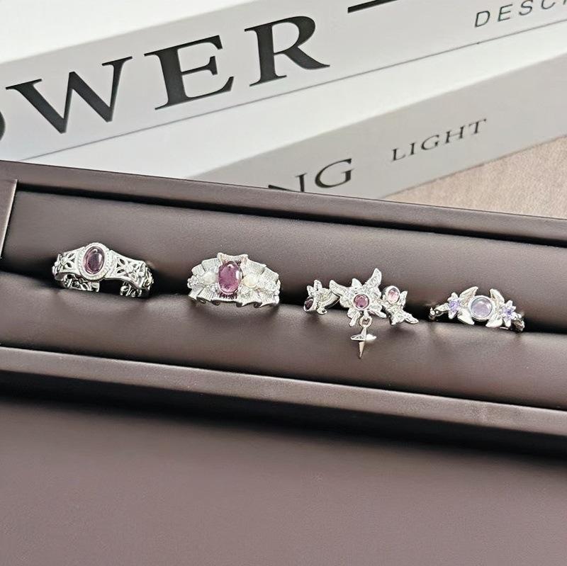 Purple Brilliant Egg Surface Skirt Brushed Bead Opening Ring Niche Light Luxury High Sense Exquisite French Ring Woman