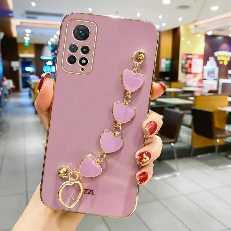 För Redmi Note 13 Pro + 13 Pro 4G Armbandskedja med Hjärta Fodral För Redmi Note 12S 11S 10 9 Galvaniserat Stötsäkert Mjukt Silikonfodral