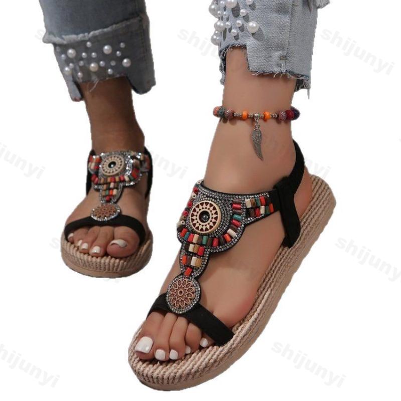 Fashion Flower Women Sandals Summer 2025 New Flat Bottom Bare Toes Outer Wearing Boho Style Vacation Women Beach Shoes Large Size 36-43