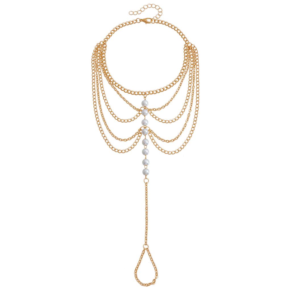 European and American popular jewelry, resort beach multi-layer metal chain foot decoration, fringed imitation pearl beaded finger anklet