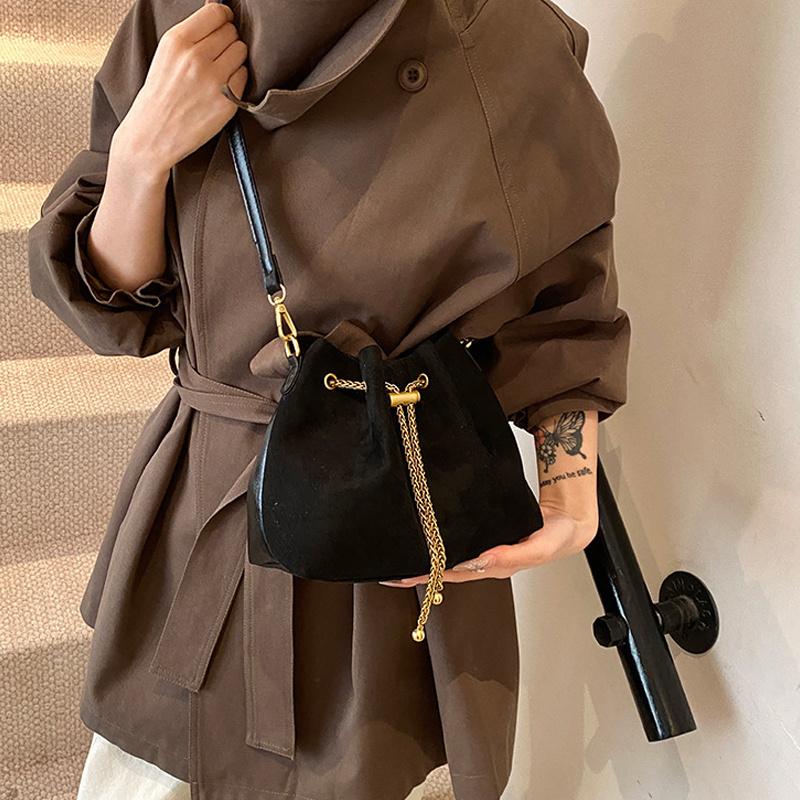 Yogodlns Faux Suede Shoulder Bag Simple Commuting Crossbody Bags Thread String Women's Handbags Sewing Sweet Bags for Women