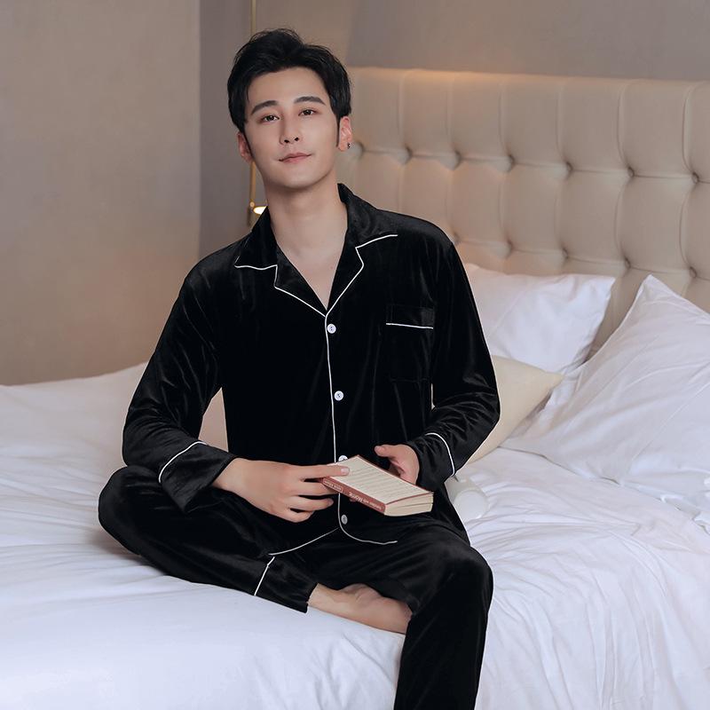 Couple's Gold Velvet Pajamas: Thin Fleece Two-Piece Set for Women & Men - Long Sleeve, Solid Color, Perfect for Spring & Autumn Homewear