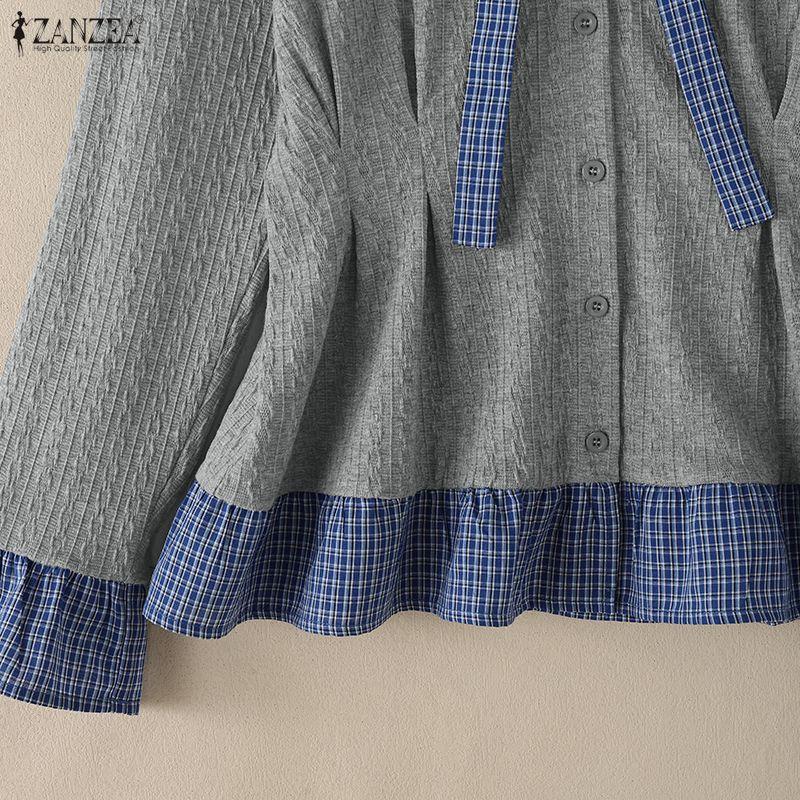 ZANZEA Womens Round Neck Casual Plaid Patchwork Long Sleeve Blouse
