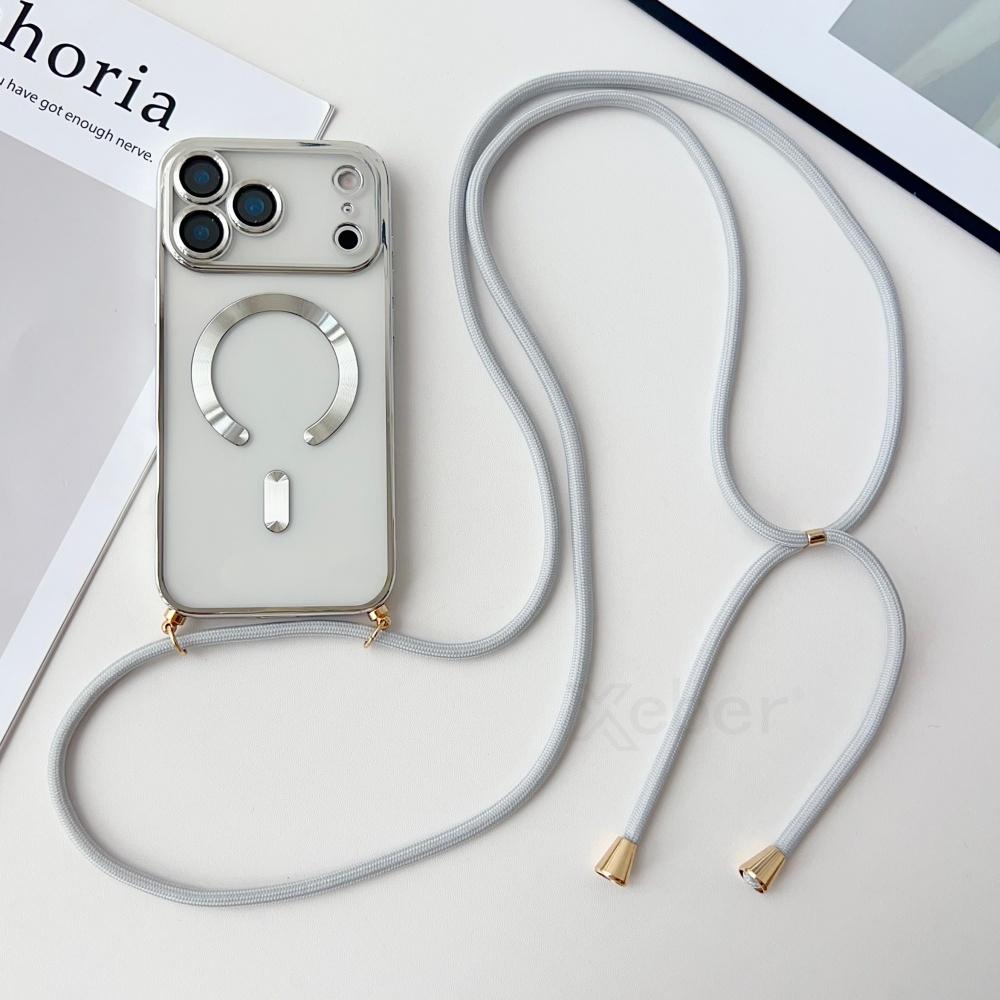 Crossbody Necklace Lanyard Plating Magnetic Case For iPhone 17 Pro Max 16 15 13 12 14 Plus Clear For Magsafe Soft Silicone Cover