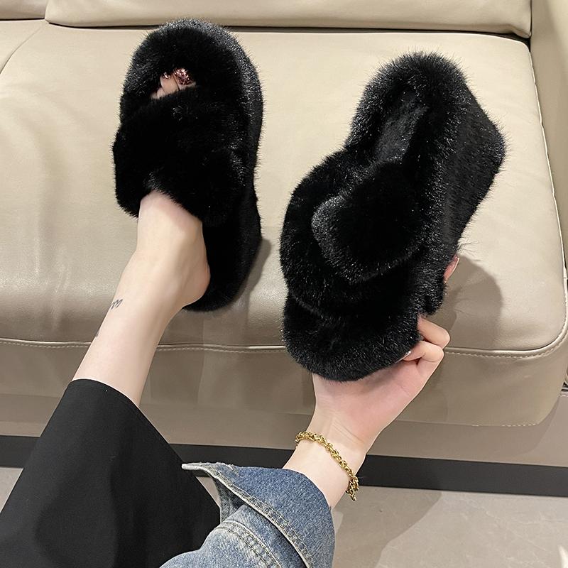 Fashion Aphixta Black Faux Fur 10cm Wedge Heels Slippers Women Winter Mulers Furry Warm Soft Shoe Cross Strap Clog Slides Sexy Shoes