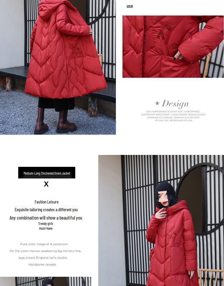 Dámska dlhá retro bunda z bieleho kačacieho páperia - Hrubá, s kapucňou, voľného strihu, teplý zimný kabát, k dispozícii aj vo veľkých veľkostiach