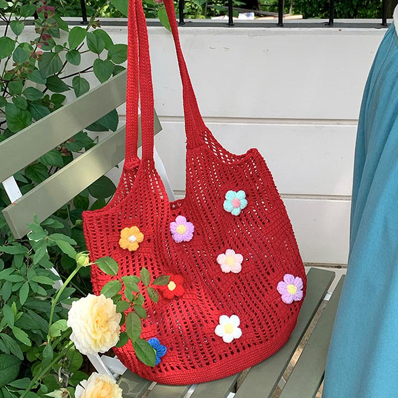 New Summer Hollow Out Knitted Single Shoulder Bag Women Chic Flowers Large Capacity Commuter Tote Bags Casual Underarm Bag