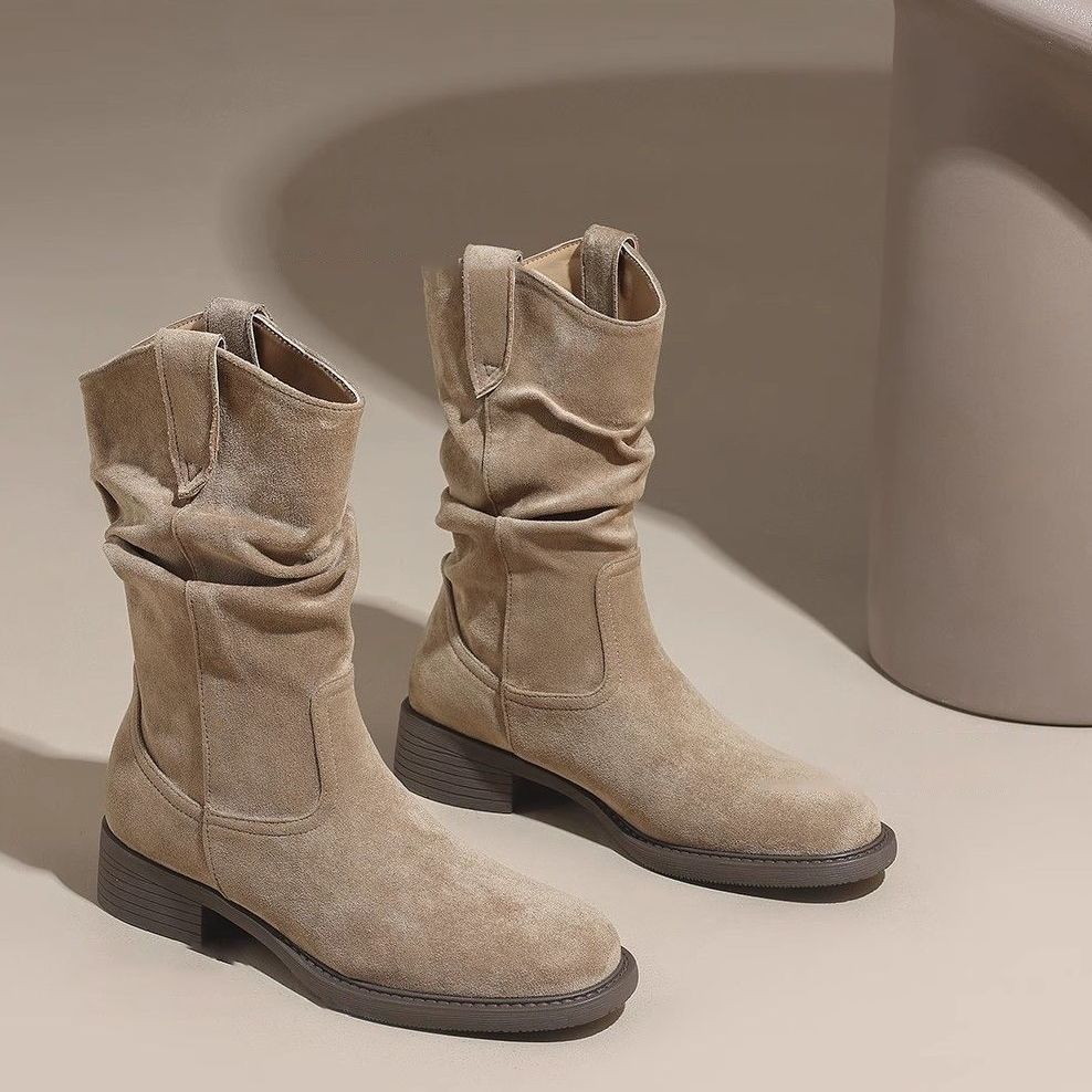 Autumn and winter new thick heel medium tube stacking boots women's fashion versatile and comfortable height-increasing Martin boots women