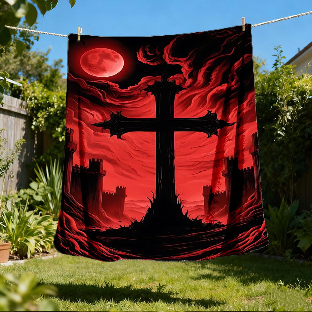 

1pc Blood Moon Cross Outdoor Flannel Blanket , Machine Washable Perfect Gift for Birthday , Holiday Travel Accessory , Durable Material 80x120cm