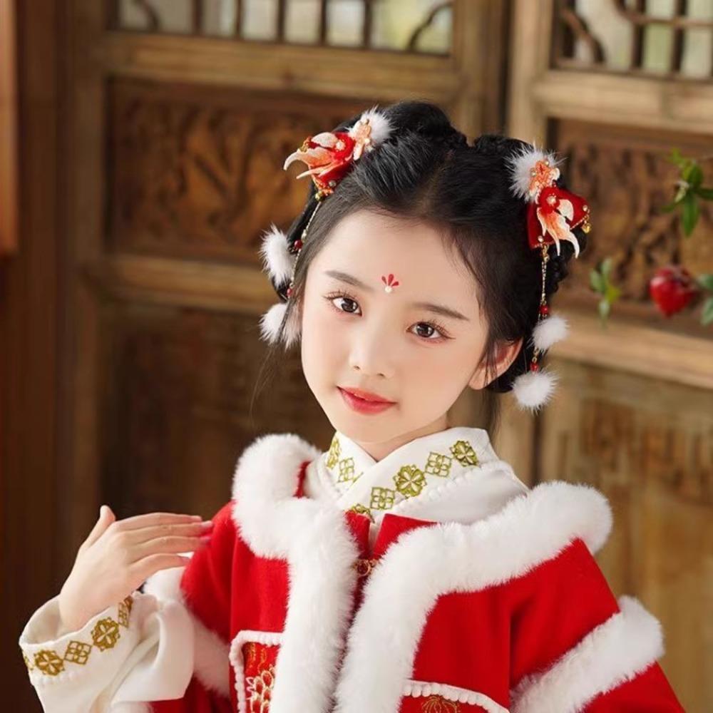 2pc Headwear Goldfish Hair Clip with Bell and Tassel Chinese New Year Festival New Year Barrettes Red Hair Clip Girls