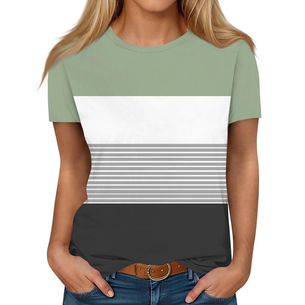Summer Round Neck 3D Color - Block and Striped Print Top Fashionable Casual Short Sleeved Women's T-shirts