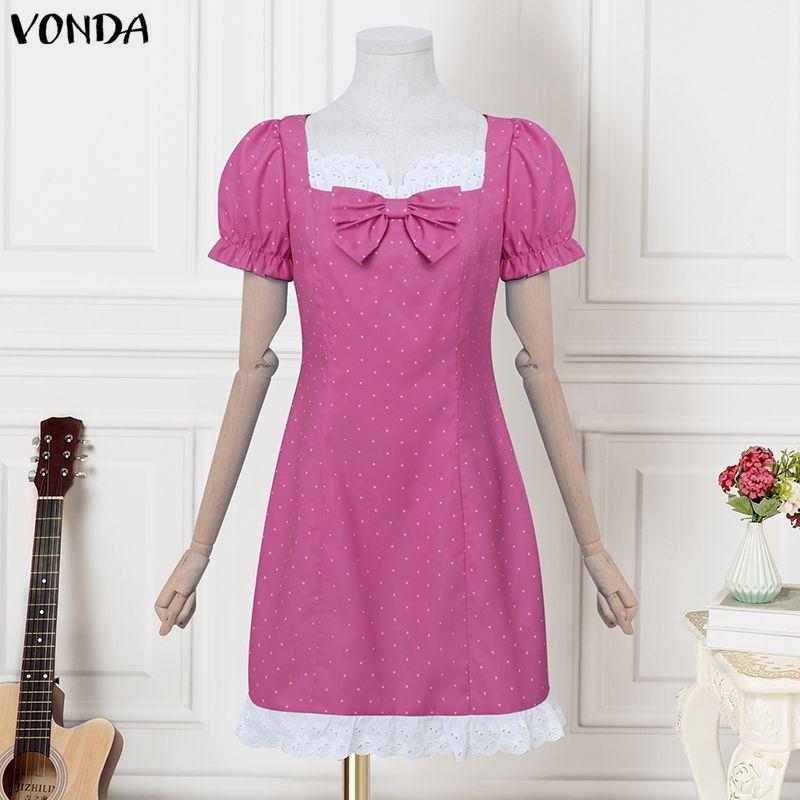 VONDA Rochie Mini Casual pentru Femei cu Gât Pătrat, Mâneci Scurte Bufante, Fundă și Buline