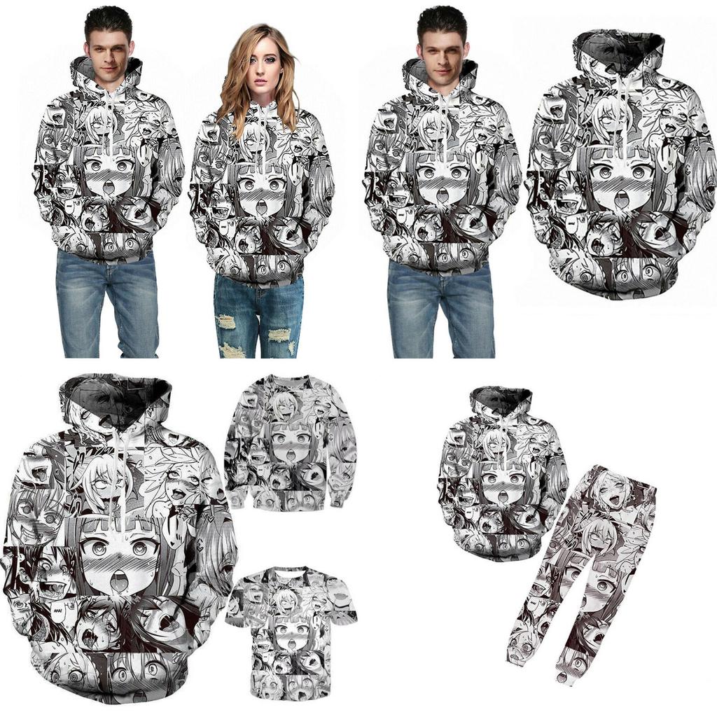 Ahegao Anime Face Hoodie And Pants Creative 3d Printed Jogger Suit For Men And Women